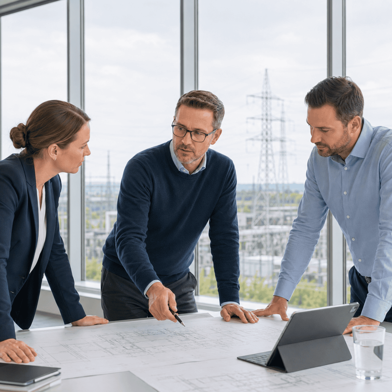 Drei Ingenieure diskutieren Energie- und Netzanschlusspläne.
