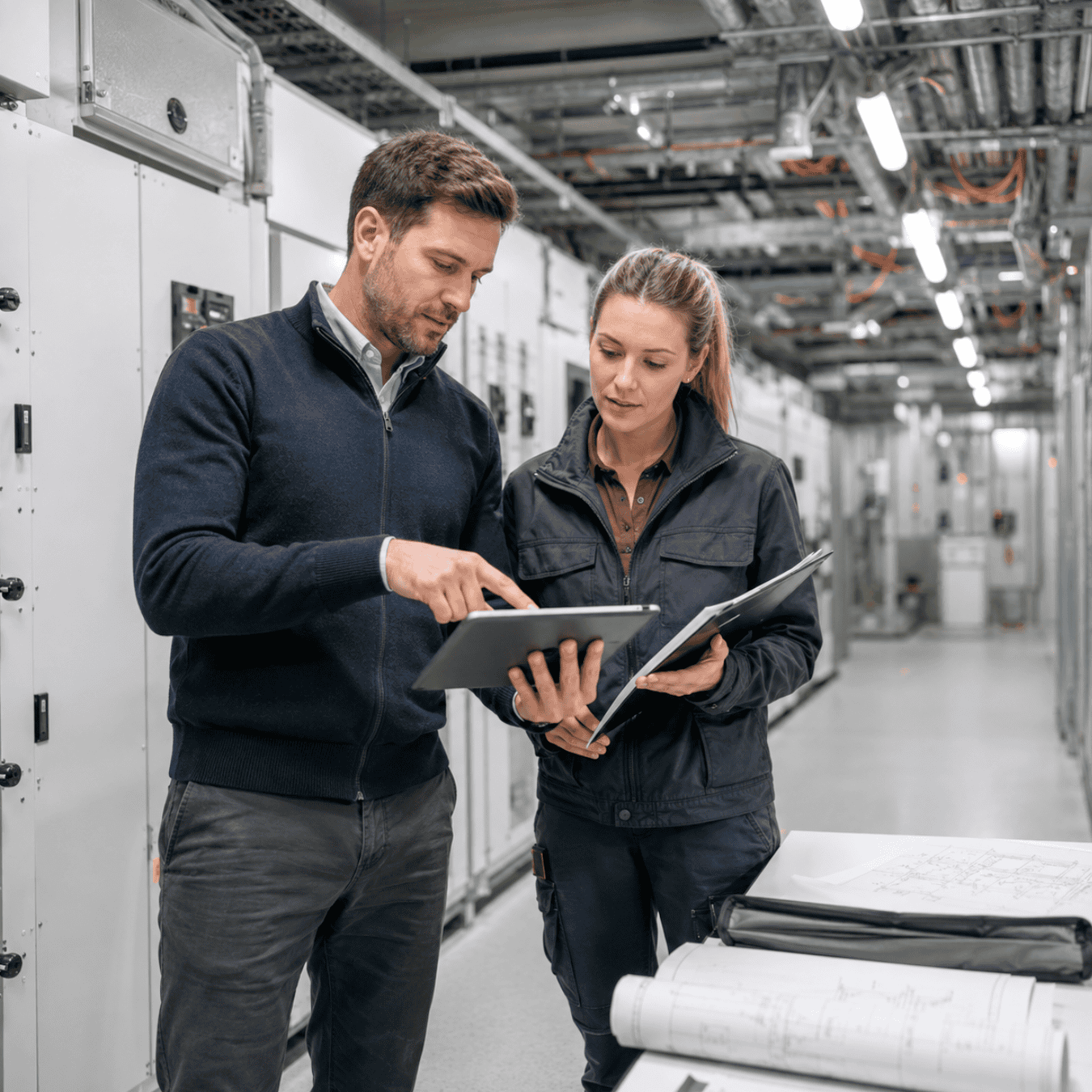 Ingenieure prüfen Energieanlagen in einer technischen Einrichtung.